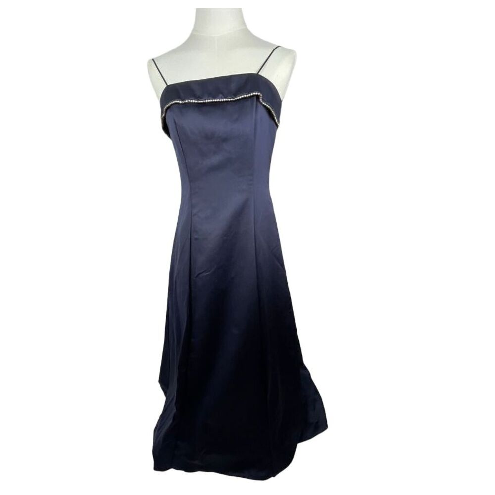 Vintage 90s Night Scene Glam Fit & Flare Strapless Blue Dress,  7/8, made in USA